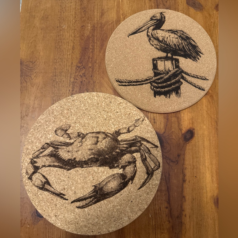 Set of 2 Coastal Cork Trivets Crab 9” Pelican 8” Nautical Beach And Decoration